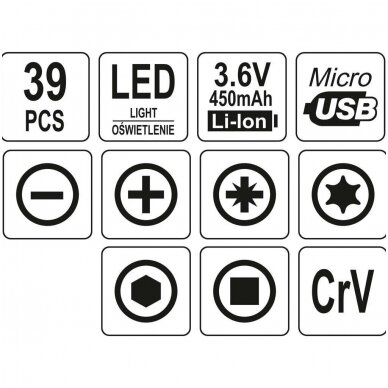 Antgalių rinkinys su akumuliatoriniu atsuktuvu Lithium-ion/3,6V 39vnt. 5