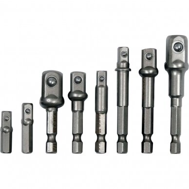 Adapterių komplektas iš 1/4"(6,3mm.) į galvutes 1/4" - 3/8" - 1/2" 8vnt.