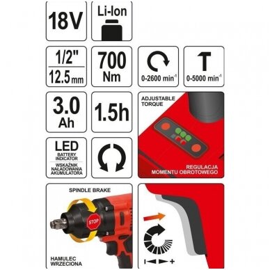 Akumuliatorinis smūginis veržliasūkis bešepetėlinis Li-ion, 3,00mAh 700Nm. 18V 5