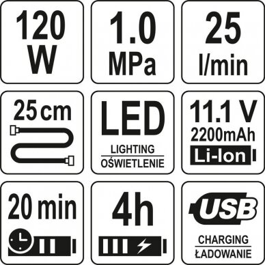 Akumuliatotinis kompresorius 120W LED 150PSI 25 L/MIN LI-ION 11,1V 6000MAH USB 3