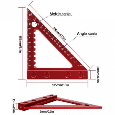 Aliuminis kampainis / medžio apdirbimo trikampė liniuotė 90°  su baze 1