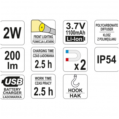 Darbo lempa akumuliatorinė  2W COB, 200LM + 80LM 3