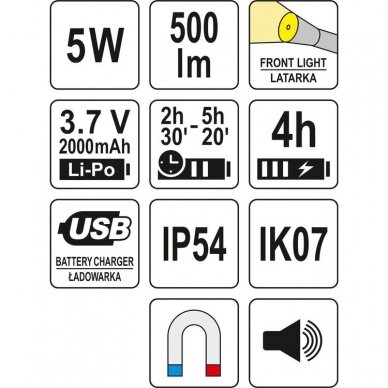 Darbo lempa akumuliatorinė 500LM, LI-PO 3.7V 2000MAH, 3 in 1 500lm 5