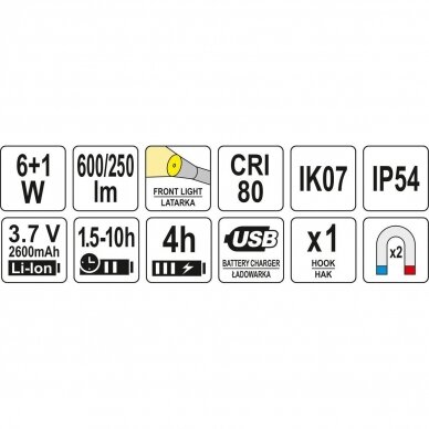 Darbo lempa akumuliatorinė 6W COB, 600LM + 250LM, LI-ION 3.7V 2600MAH, IK07, IP54, CRI80 5