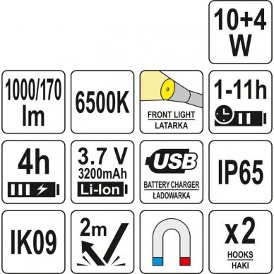 Darbo lempa akumuliatorinė  COB 10W 1000LM, IK09, IP65, LI-ION 3.7V 3200MAH 4