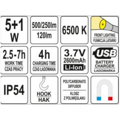 Darbo lempa akumuliatorinė lanksti - 5W COB, 500LM + 120LM 6