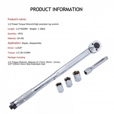 Dinamometrinis raktas 12.5mm. (1/2") 28 - 210Nm. 4