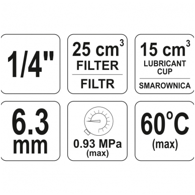 Drėgmės surinkėjas, reguliatorius su manometru ir tepaline 25сm3, 1/4" 1