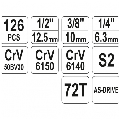 Galvučių ir raktų komplektas 126 vnt., 1/4" + 3/8" + 1/2" 3