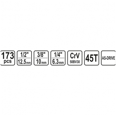 Galvučių ir raktų komplektas 173 vnt. 1/4" + 3/8" + 1/2" 4