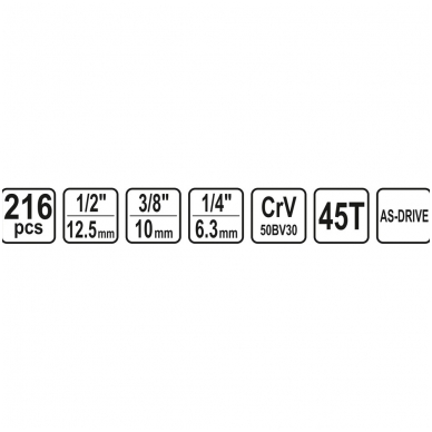 Galvučių ir raktų komplektas 216 vnt. 1/4" + 3/8" + 1/2" 4