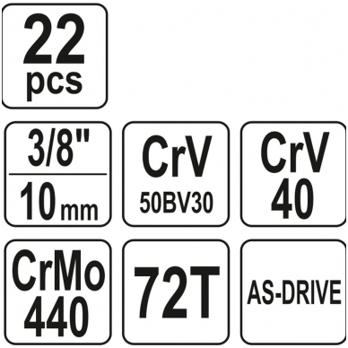 Galvučių ir raktų komplektas 22vnt. 3/8" 4