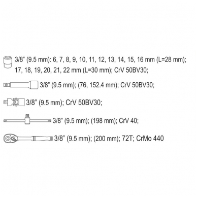 Galvučių ir raktų komplektas 22vnt. 3/8" 5