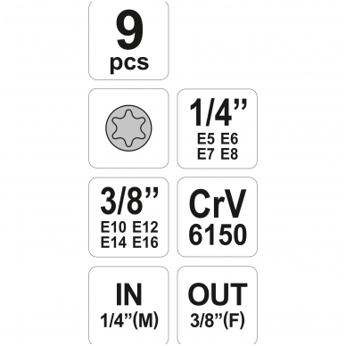 Galvučių rinkinys E-Star varžtams 1/4"+3/8", E5-E16 3