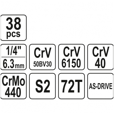 Galvučių su terkšle rinkinys 1/4", 38vnt. 4