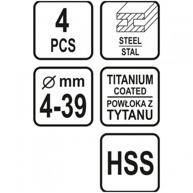 Grąžtai skylės (pa)platinimui pakopiniai 4-12, 4-20, 4-32, 4-39mm. 4vnt. 2