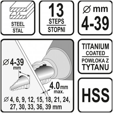 Grąžtas skylės (pa)platinimui pakopinis - 4-39mm. 3