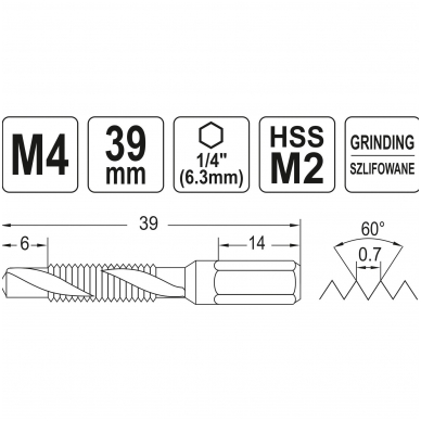 Grąžtas, sriegiklis - Hex - M4 3