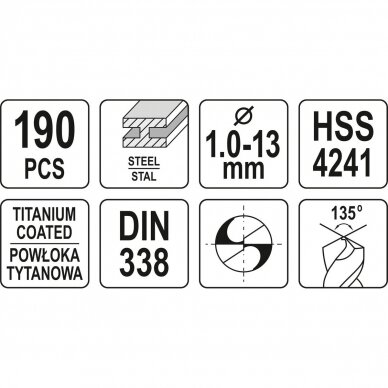 Grąžtų metalui rinkinys HSS Ø1 - 13mm. 190vnt. 3