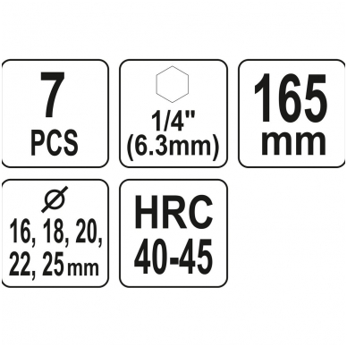 Grąžtų rinkinys medžiui  su ilgintuvu  6.3mm. (1/4") antgalis 16-25mm.  7vnt. 3