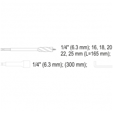 Grąžtų rinkinys medžiui  su ilgintuvu  6.3mm. (1/4") antgalis 16-25mm.  7vnt. 4