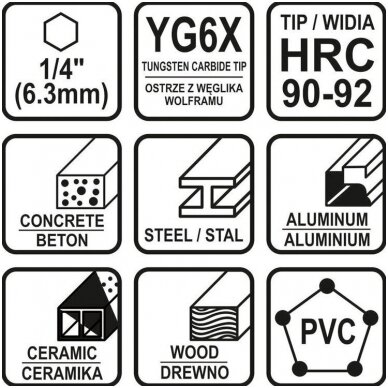 Grąžtų rinkinys su Hex (1/4") galu, universalūs 4-10mm. 5vnt. 1