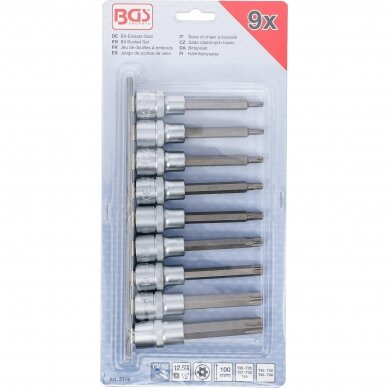 Įpresuotų antgalių rinkinys 12.5mm. (1/2") T-Star su skyle (Torx) T20 - T60 9vnt. 2