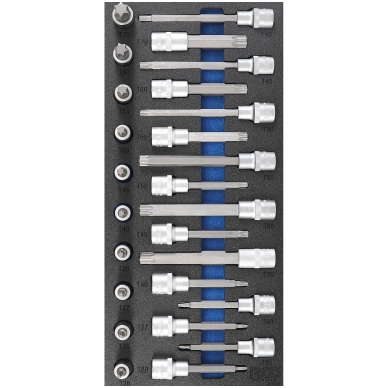 Įrankių dėklas 1/3: Įpresuotų antgalių rinkinys - 12,5 mm (1/2")- T-star (Torx) - 26 vnt.