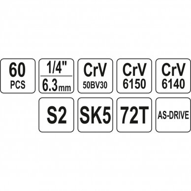 Įvairių įrankių rinkinys su gulščiuku (1/4") 60vnt. 3