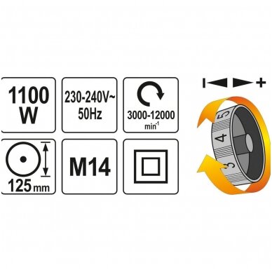 Kampinis šlifuoklis  greičio reguliavimas 1100W 125mm. 4