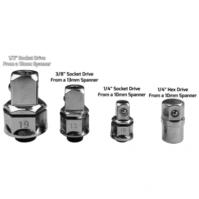 Pailgintų terkšlinių vartomų raktų rinkinys su adapteriais 8 - 19mm. 4