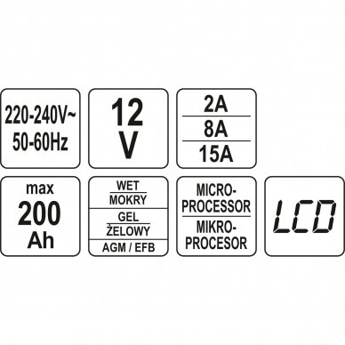 Pakrovėjas 6 V ir 12 V akumuliatorių įkrovimui 12V/2A/8A/15A 5