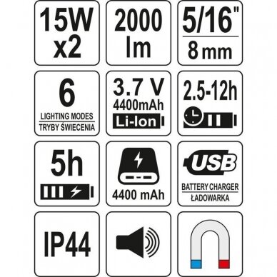 Perkeliamas žibintas su garsiakalbiu, 2X15W 2000LM, LI-ION 3.7V 4400MAH, bluetooth POWERBANK 9