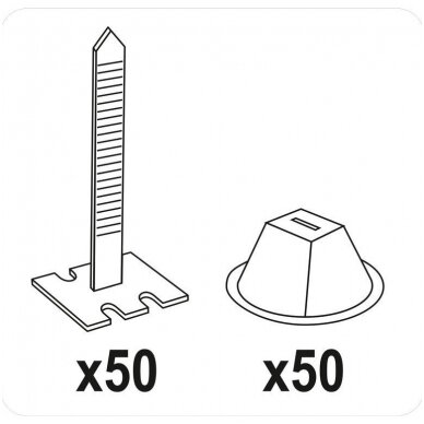 Plytelių išlyginimo sistema, juostos ir puodeliai plytelių lyginimui, 50+50vnt. 100vnt. 1