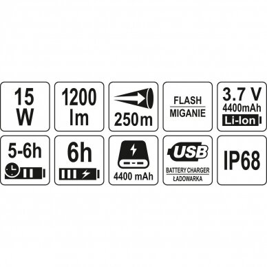 Prožektorius akumuliatorinis 15W, 1200LM, IP68 250M, LI-ION 3,7V 4400MAH 5