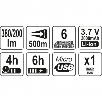 Prožektorius daugiafunkcinis akumuliatorinis 3IN1 380LM, , CREE T6 + SMD LED, LI-ION 3.7V 3000MAH 6 režimai 2