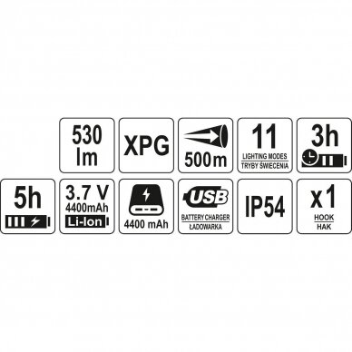 Prožektorius daugiafunkcinis akumuliatorinis 3IN1 530LM, 500M, USB LI-ION 3.7V 4400mAh 8