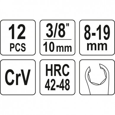 Šarnyrinių atvirų žiedinių veržliarakčių rinkinys (3/8") 8-19nn. 12vnt. 2