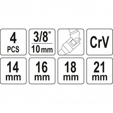 Šarnyrinių galvučių rinkinys žvakėms (3/8") 14/16/18/21mm. 4vnt. 2