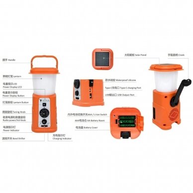 Saulės ir rankinio sverto žibintas su radiju  Li-ion 6
