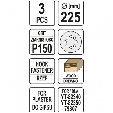 Šlifavimo popierius (velcro) apvalus su skylėm 225mm. P150 - 3 vnt. 2