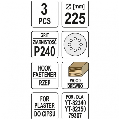 Šlifavimo popierius (velcro) apvalus su skylėm 225mm. P240 - 3 vnt. 2