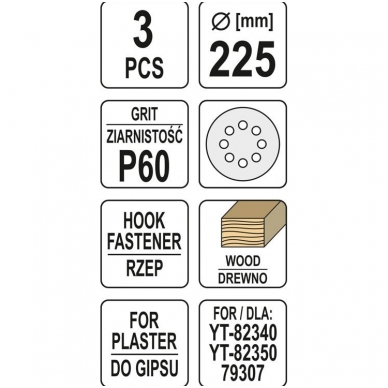 Šlifavimo popierius (velcro) apvalus su skylėm 225mm. P60 - 3 vnt. 2