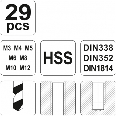 Sriegiklių ir grąžtų rinkinys 29vnt. M3-M12 3