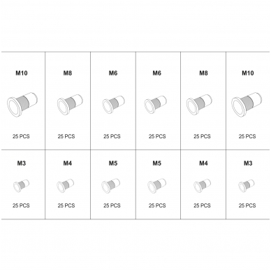 Srieginių plieninių ir aliuminų kniedžių rinkinys MIX, M3/M10 300vnt. 2