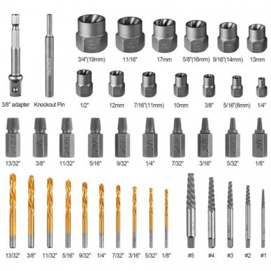 Varžtų ir veržlių ištraukimo rinkinys su grąžtų komplektu 40vnt. 3